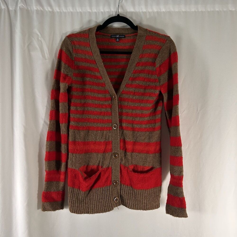Gap Wool Blend Cardigan Women's Medium Brown Red Striped Button Front Pockets